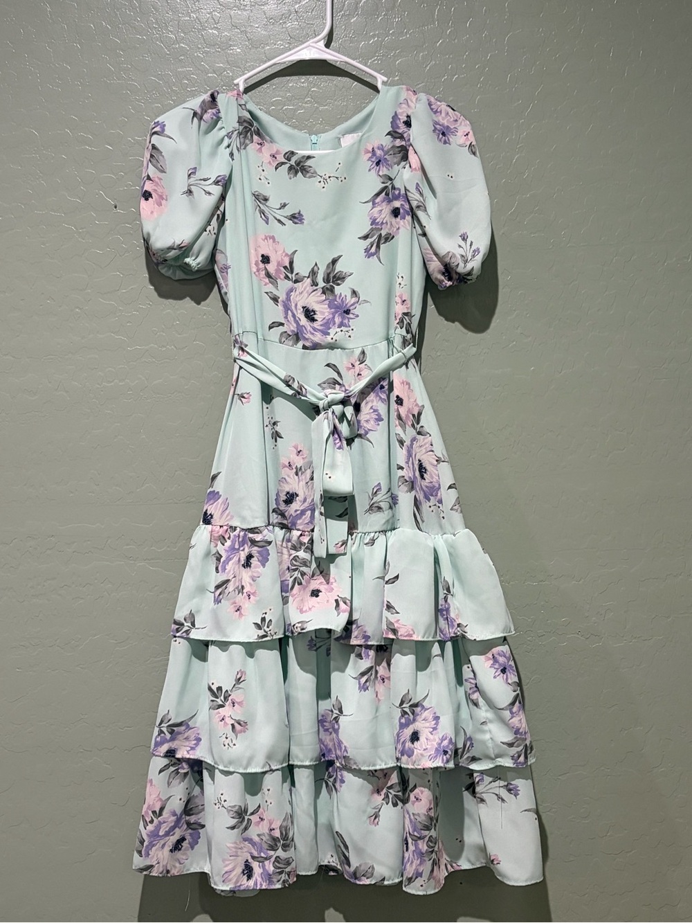 Rare Editions Girls' Mint Floral Tiered Dress with Puff Sleeves